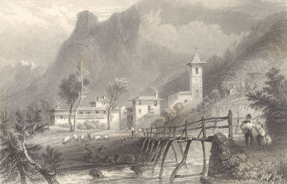 PIEDMONT/PIEMONTE. Torre Pellice. Val. Goats. bridge. Church. BARTLETT 1838